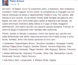 Il messaggio di cordoglio sulla bacheca Facebook del presidente del Senato Grasso all'anniversario della strage di Nassiriya.