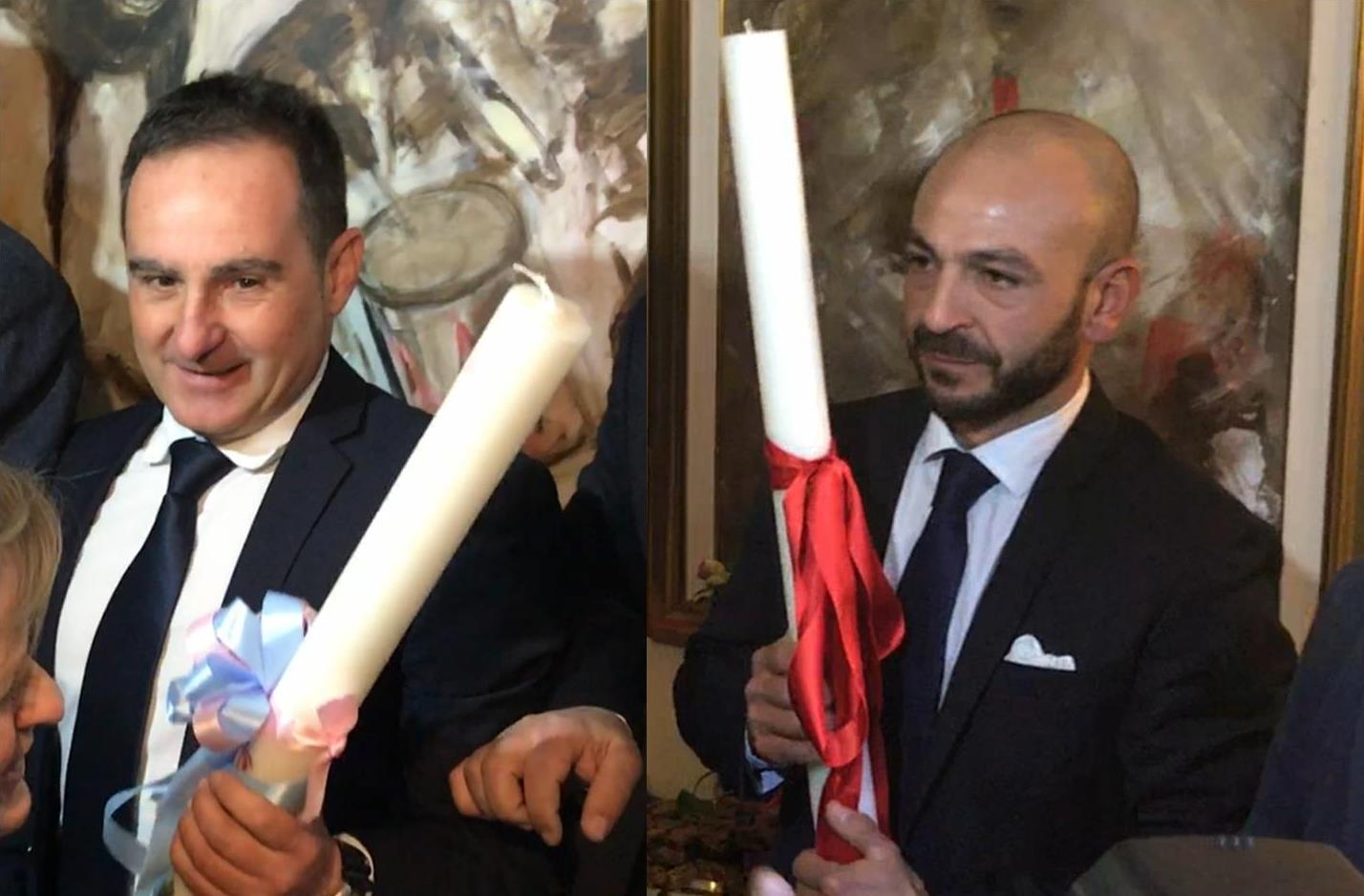 Giuseppe Sedda e Sergio Ledda con i ceri benedetti I componidoris della Sartiglia 2017 ( www.sartiglia.info )